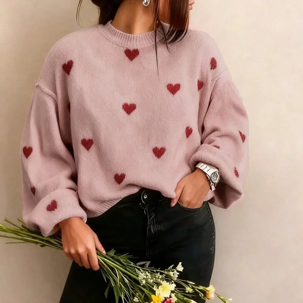 Dusty Pink Casual Women's Valentine Heart Loose-Fit Sweater